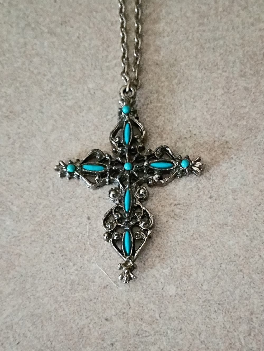 Vintage Turquoise Accent Silver Cross Pendant Necklace - Women Jewelry